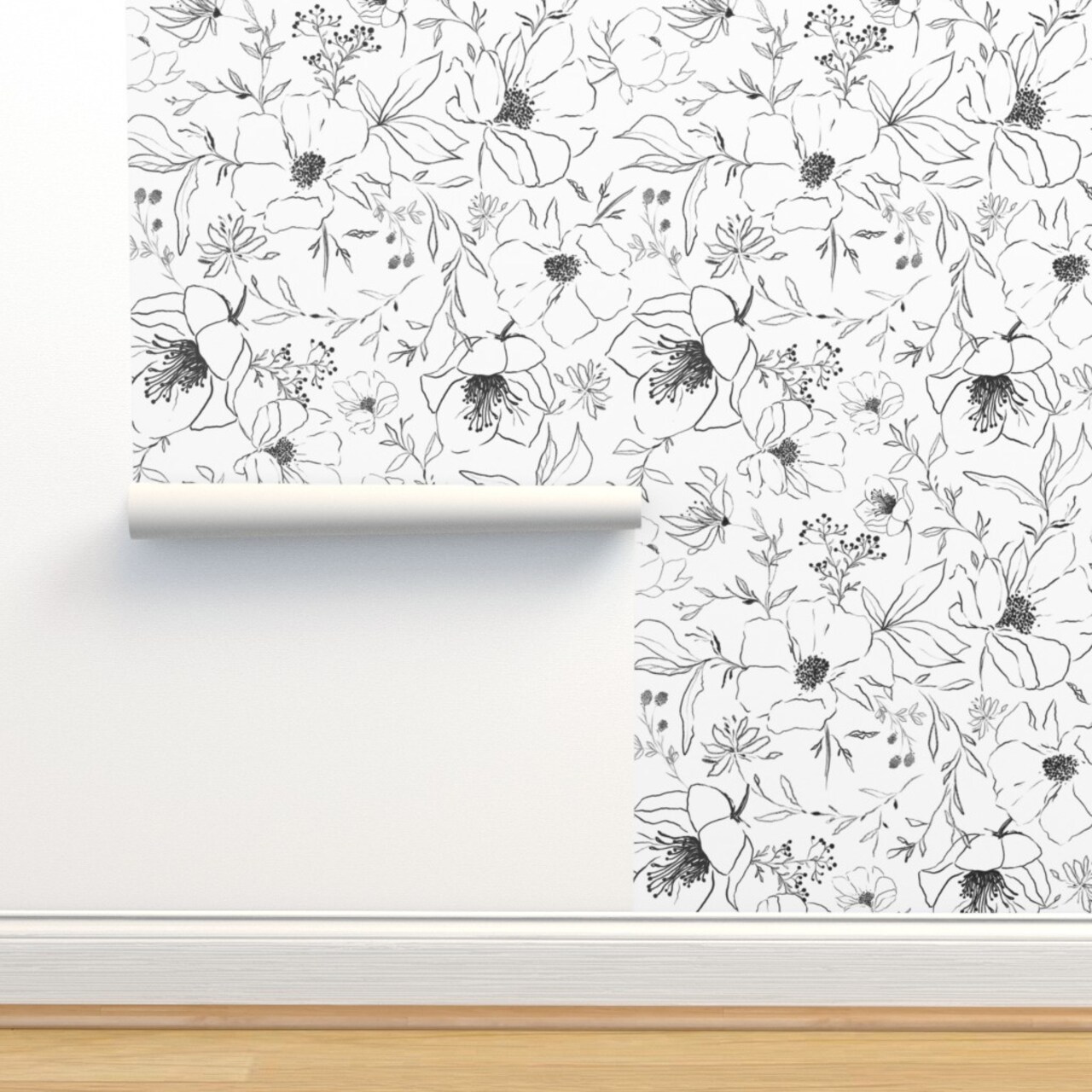 Black And White Flower Drawing Blossoms Leaves Floral Nature Botanical Monochrome Custom Pre-pasted Wallpaper by Spoonflower Pre-Pasted Wallpaper 2FT Wide